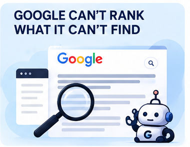 Search results page under a magnifying glass with a search engine robot, showing a site Google cannot find